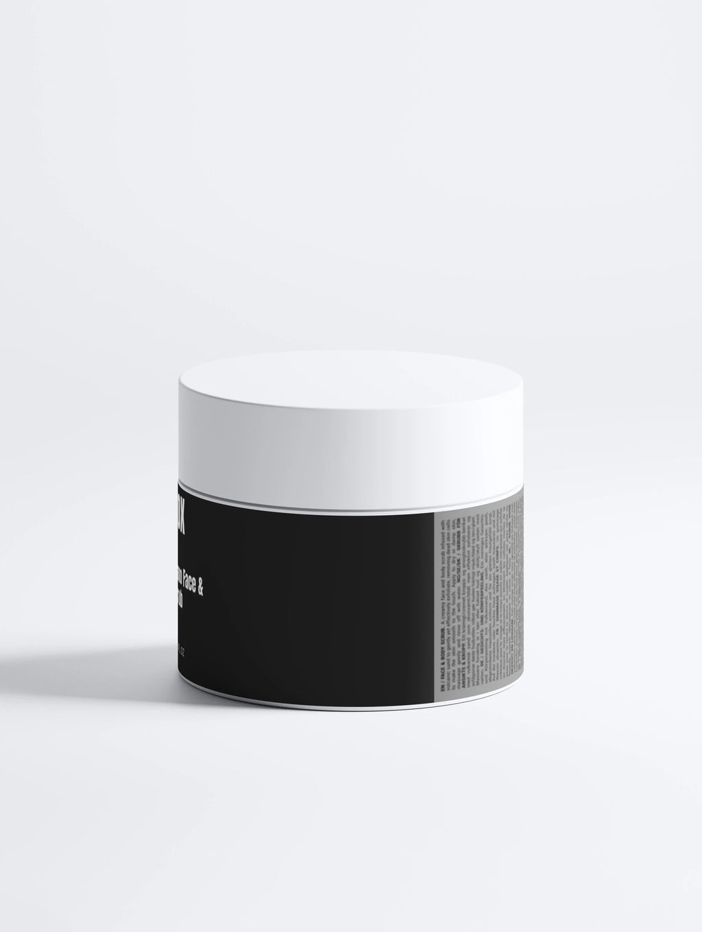 Black labeled face and body scrub jar with white lid on minimalist background