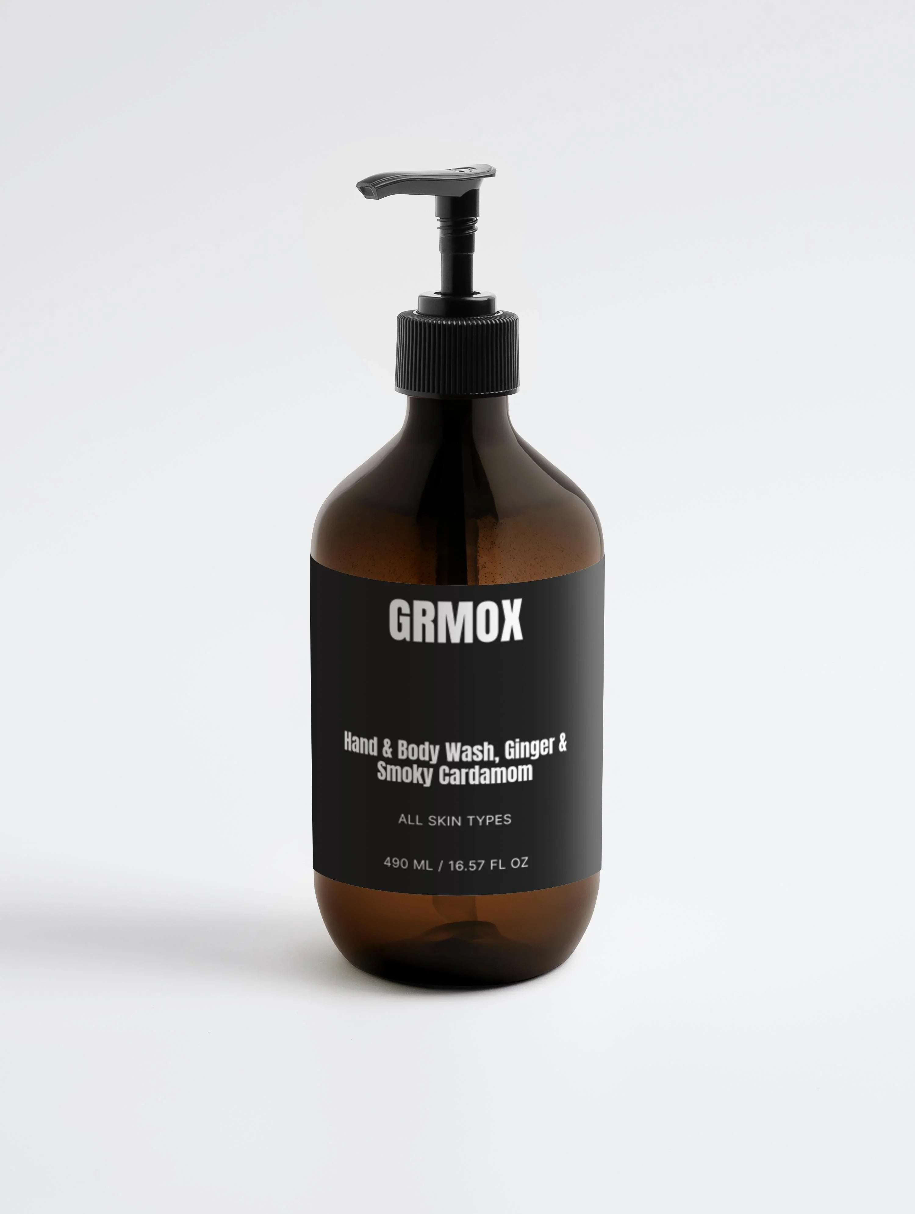 GRMOX Hand & Body Wash, Ginger & Smoky Cardamom, 490ml, all skin types, amber bottle with black pump
