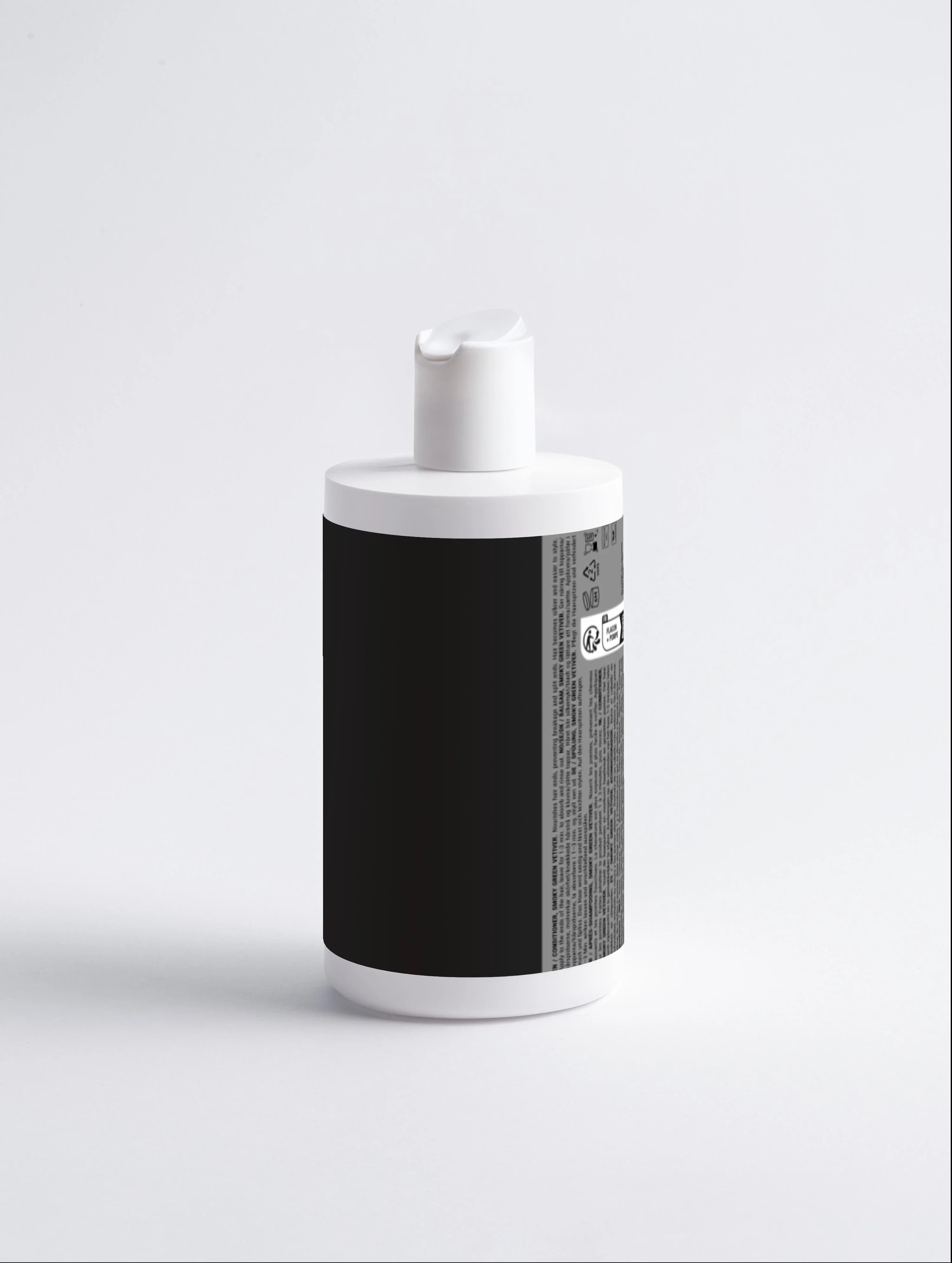 White pump bottle with black label, hair conditioner product on white background