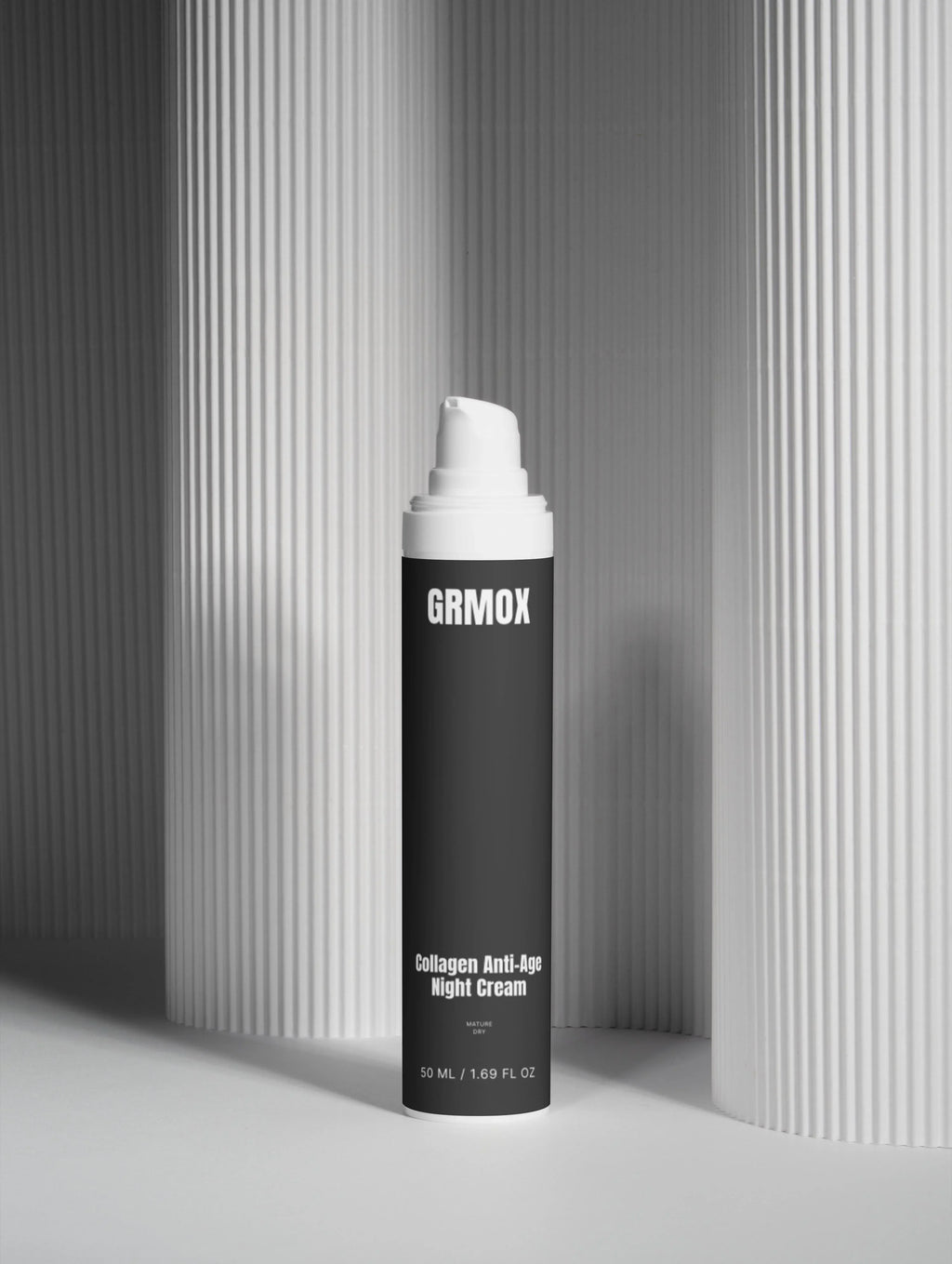 GRMOX Collagen Anti-Age Night Cream for mature dry skin, 50ml, in sleek black bottle with white pump against minimalist striped background