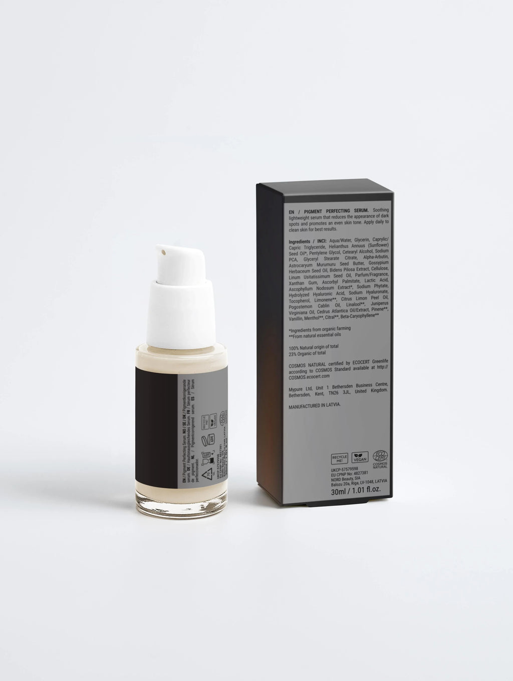 Pigment Perfecting Serum bottle and box, 30ml, vegan, COSMOS Natural certified for even skin tone