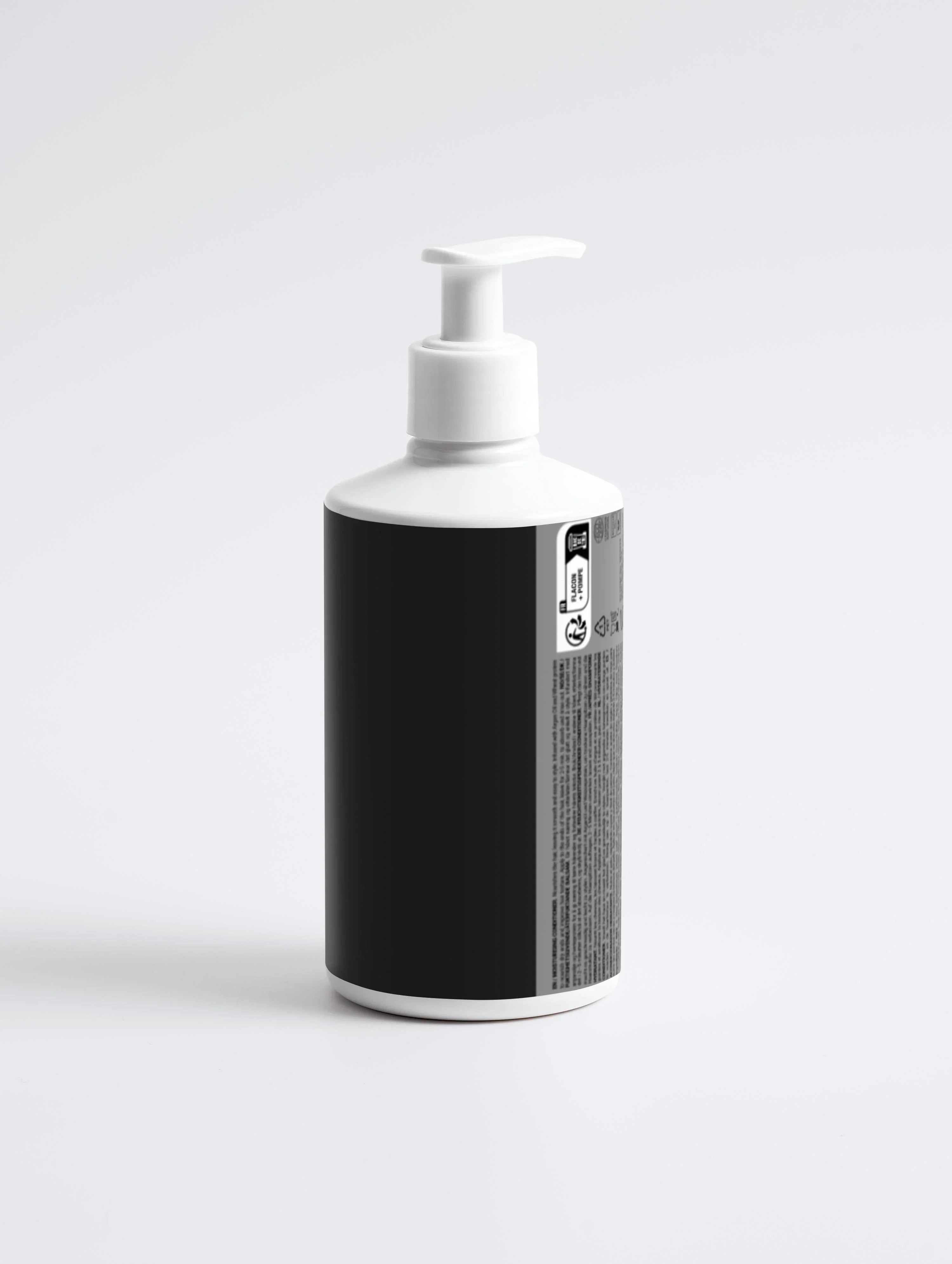 White pump bottle with black label, minimalist design for skincare or haircare product