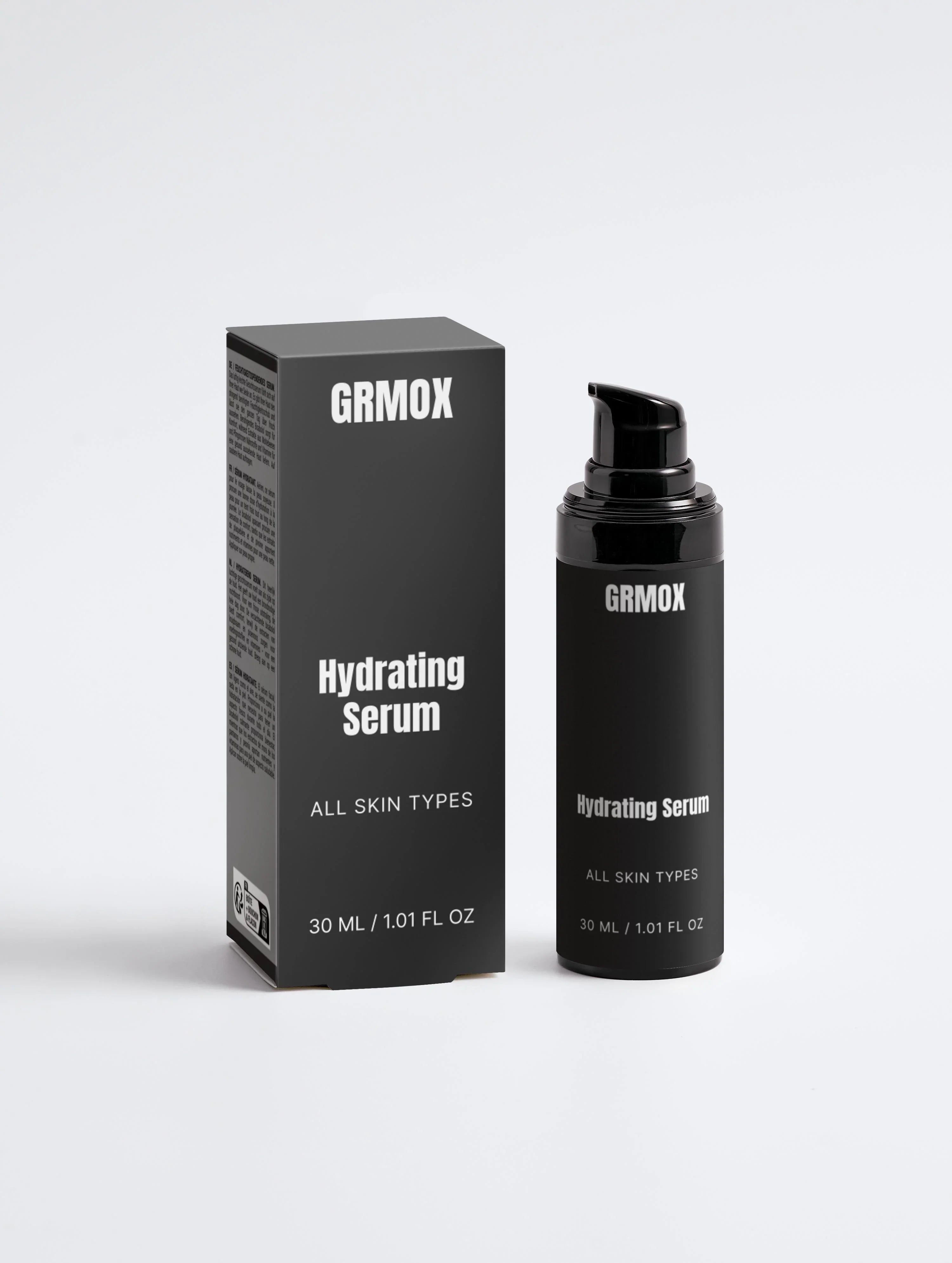 GRMOX Hydrating Serum for all skin types, 30ml bottle and box, black minimalist design