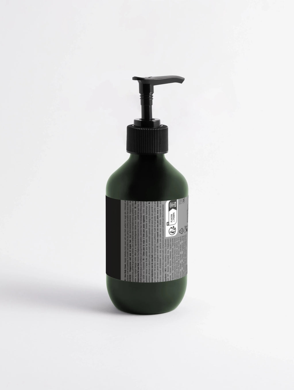 Dark green body lotion bottle with black pump dispenser, minimalist design, white background