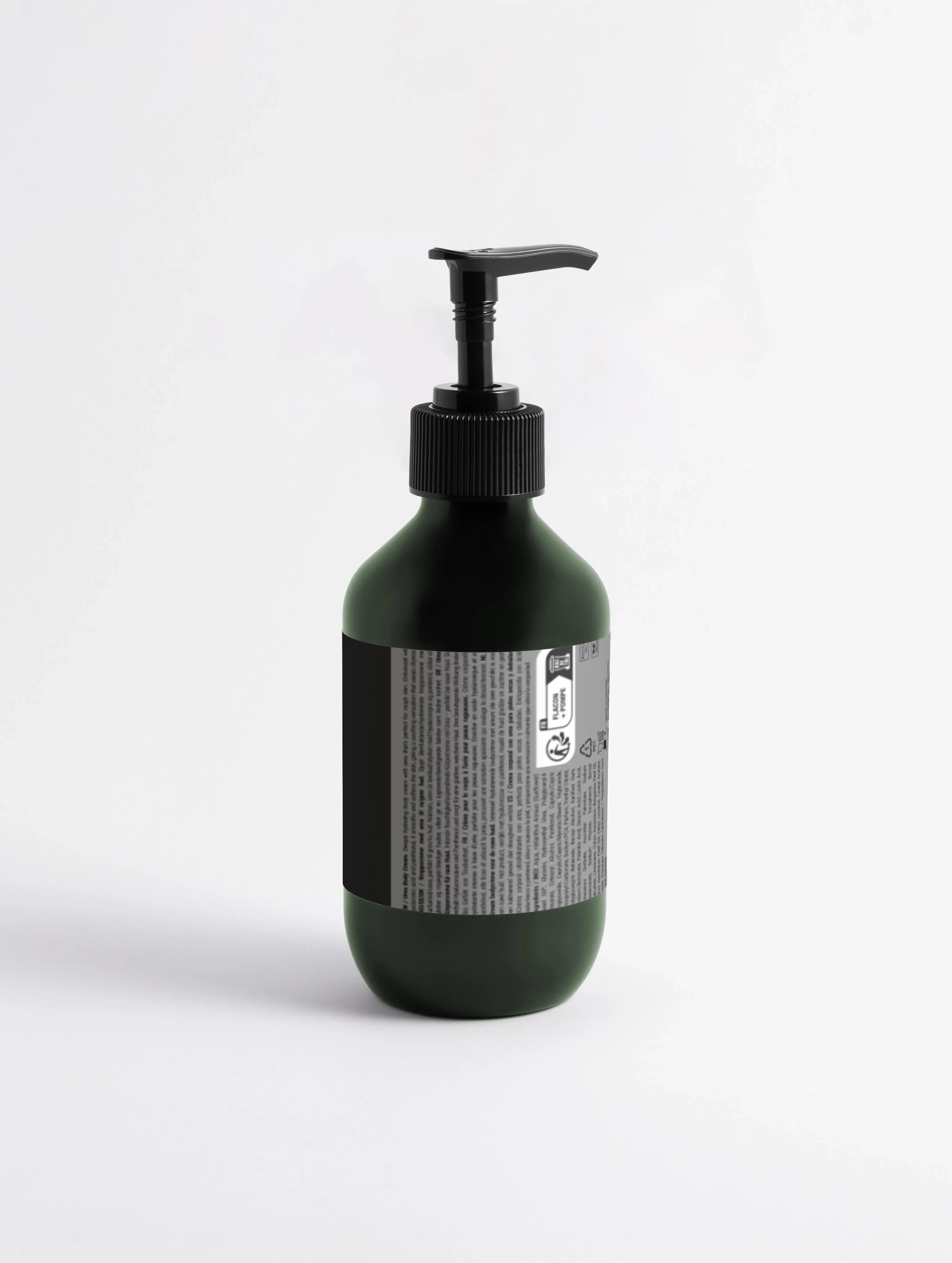Dark green body lotion bottle with black pump dispenser, minimalist design, white background