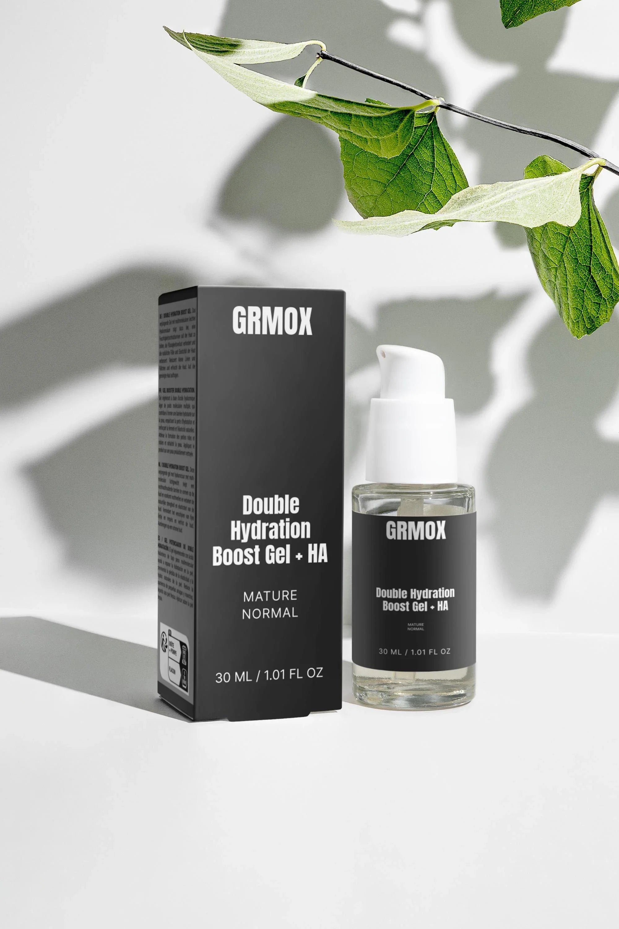 GRMOX Double Hydration Boost Gel + HA for mature normal skin, 30ml bottle with pump, minimalist packaging, green leaf accent