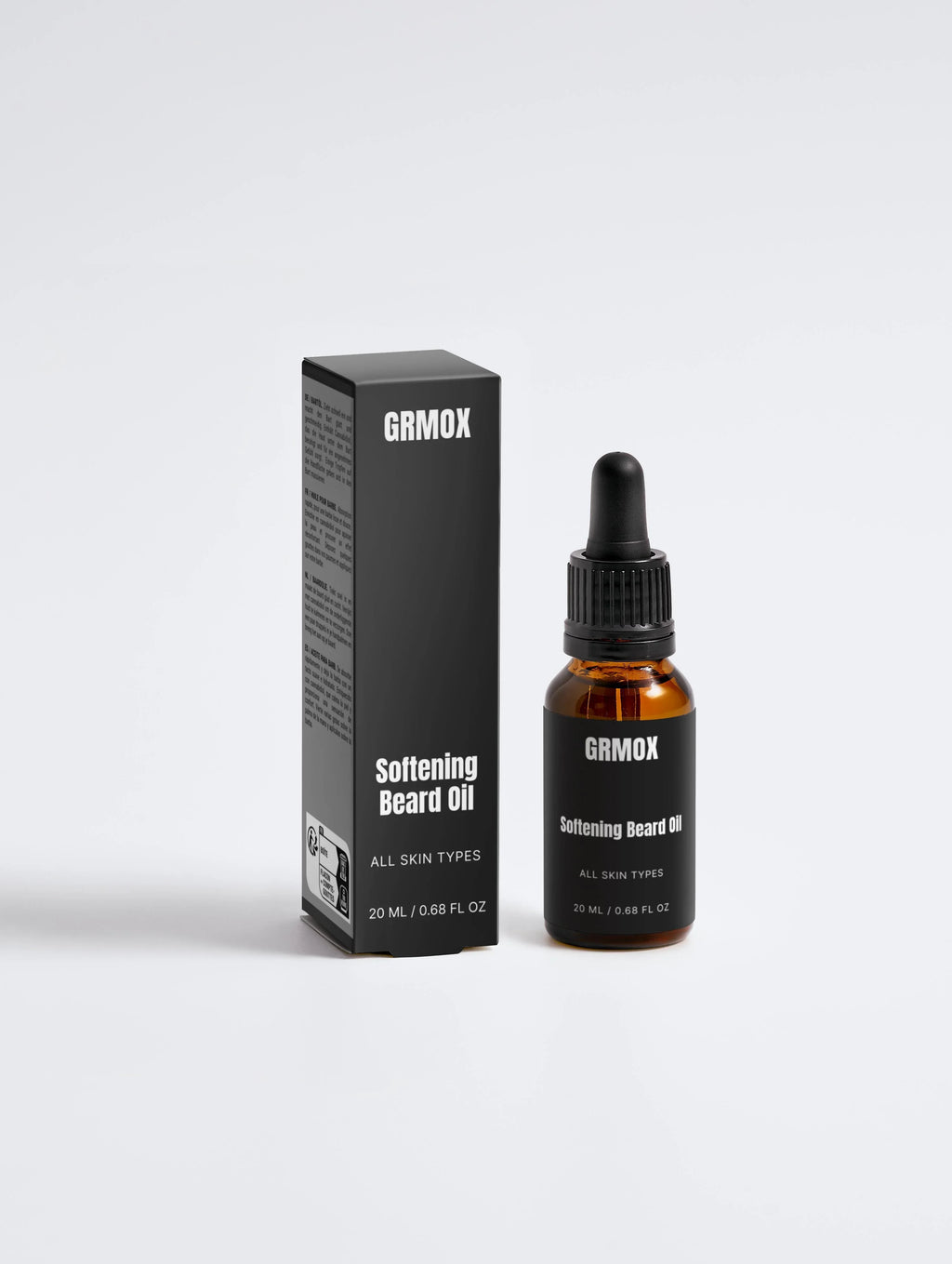 GRMOX Softening Beard Oil for all skin types, 20ml bottle with dropper and packaging