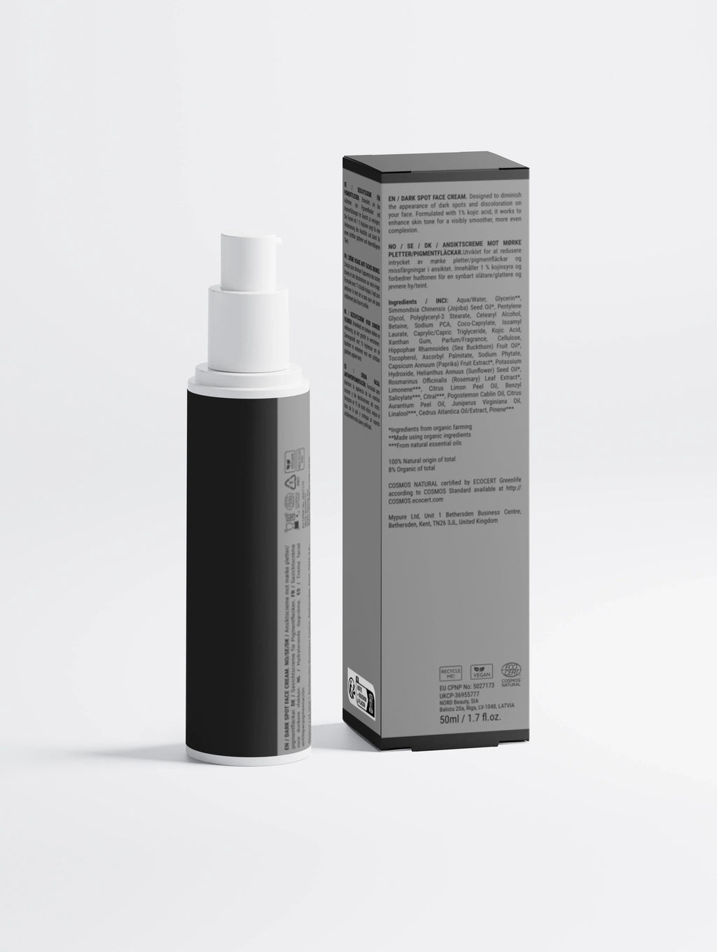 Dark spot face cream with kojic acid, vegan & COSMOS certified, 50ml bottle and box