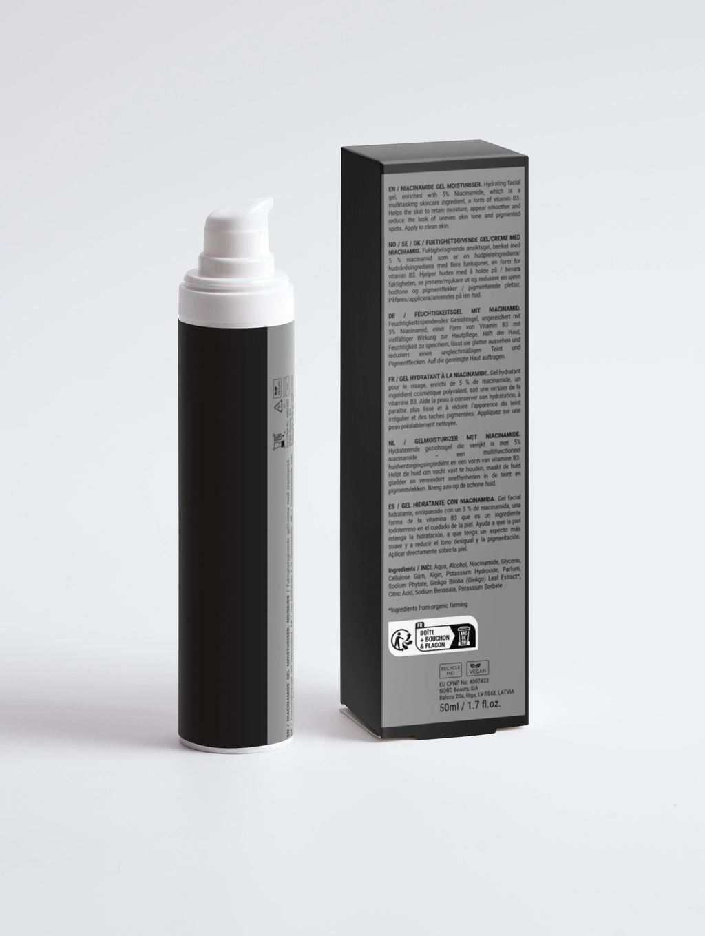 Niacinamide gel moisturizer with 5% vitamin B3 for hydration and even skin tone, 50ml bottle and box