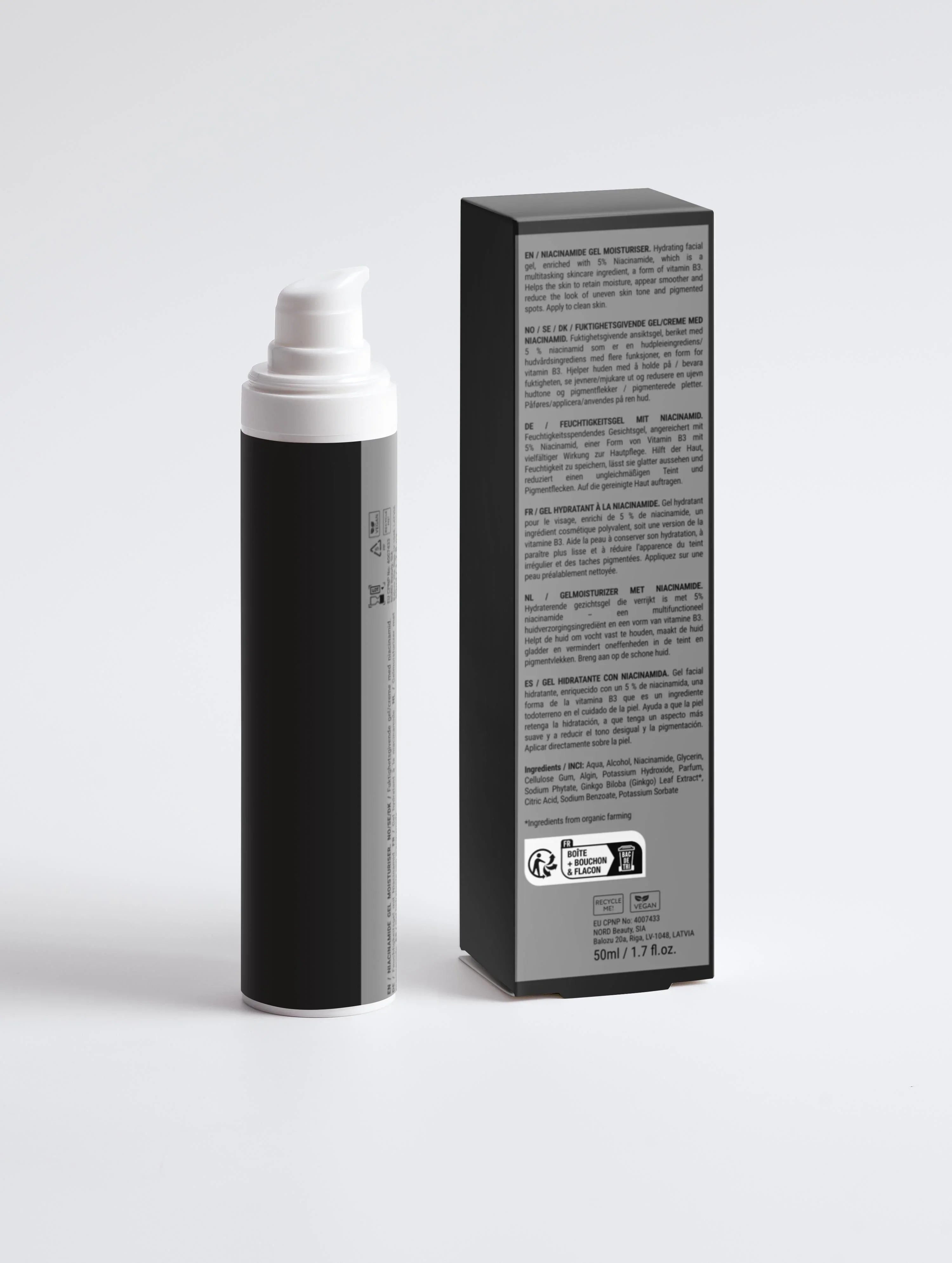 Niacinamide gel moisturizer with 5% vitamin B3 for hydration and even skin tone, 50ml bottle and box