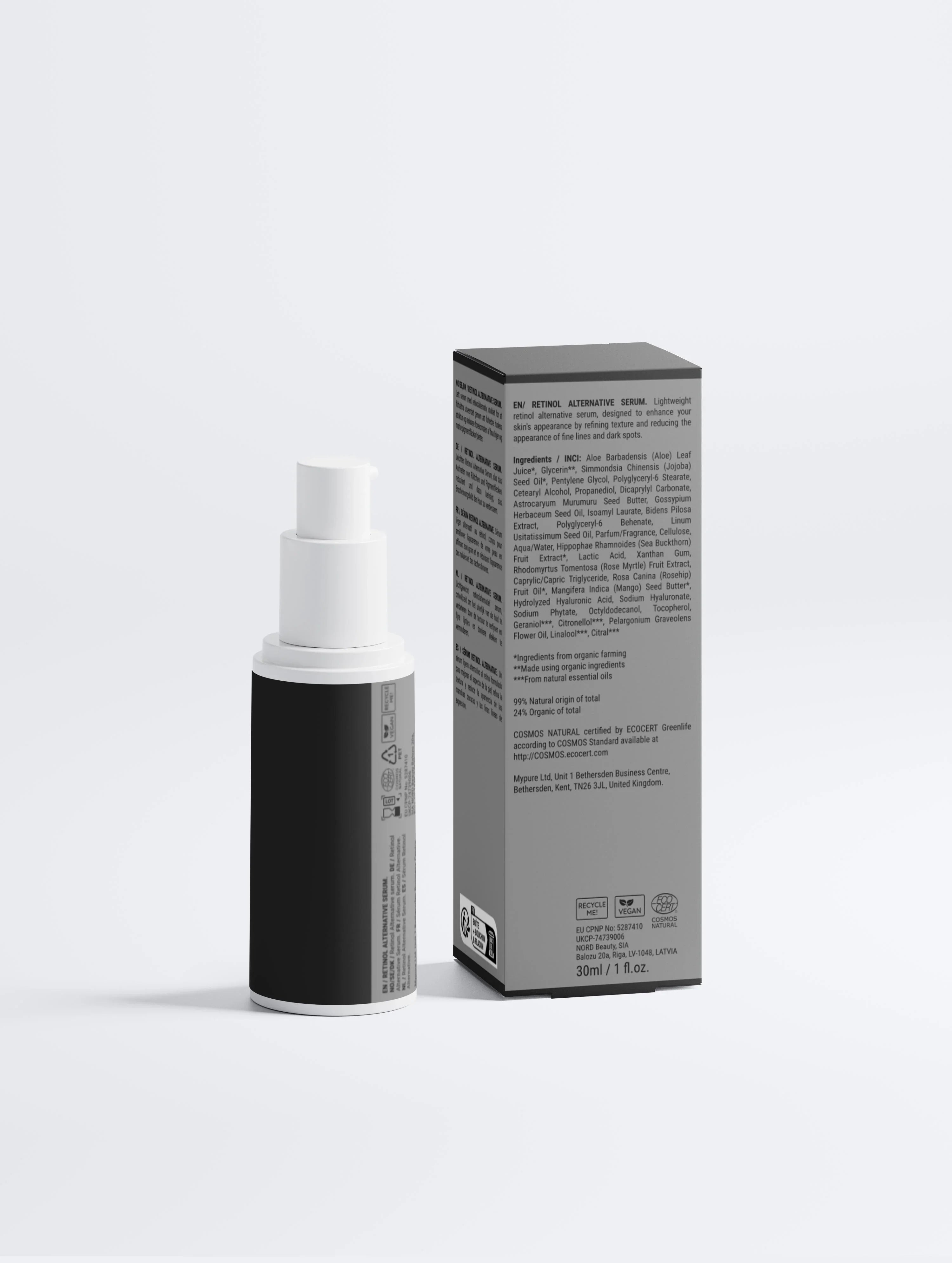 Retinol alternative serum bottle and box, vegan, COSMOS Natural certified, 30ml for skin texture and fine lines
