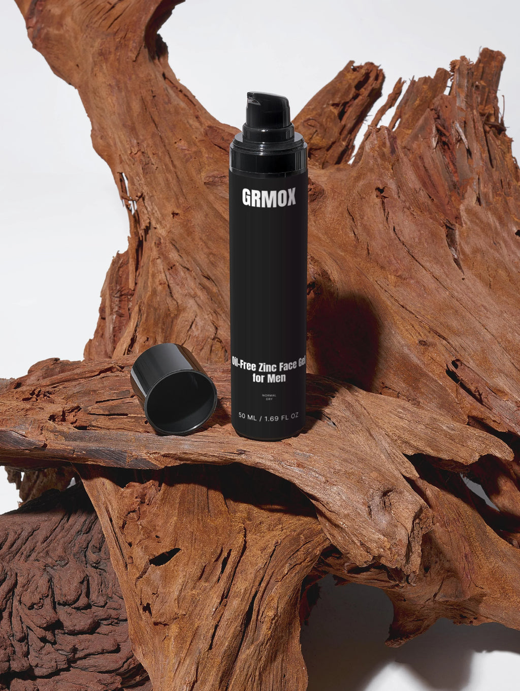GRMOX Oil-Free Zinc Face Gel for Men on rustic wood, 50ml skincare for normal to dry skin