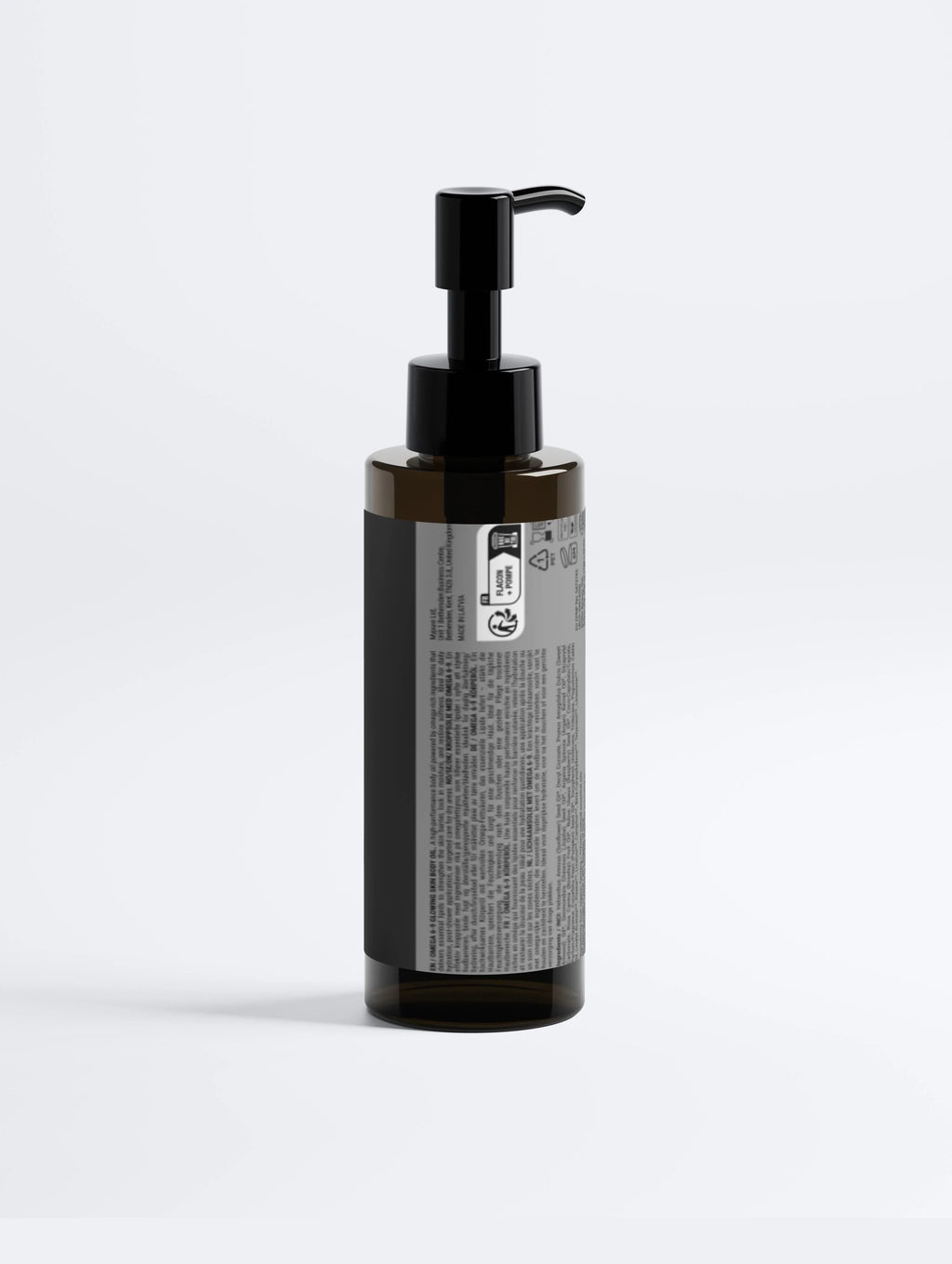Black pump bottle of Omega 6-9 glowing skin body oil with multilingual label, ideal for moisturizing and softening skin.