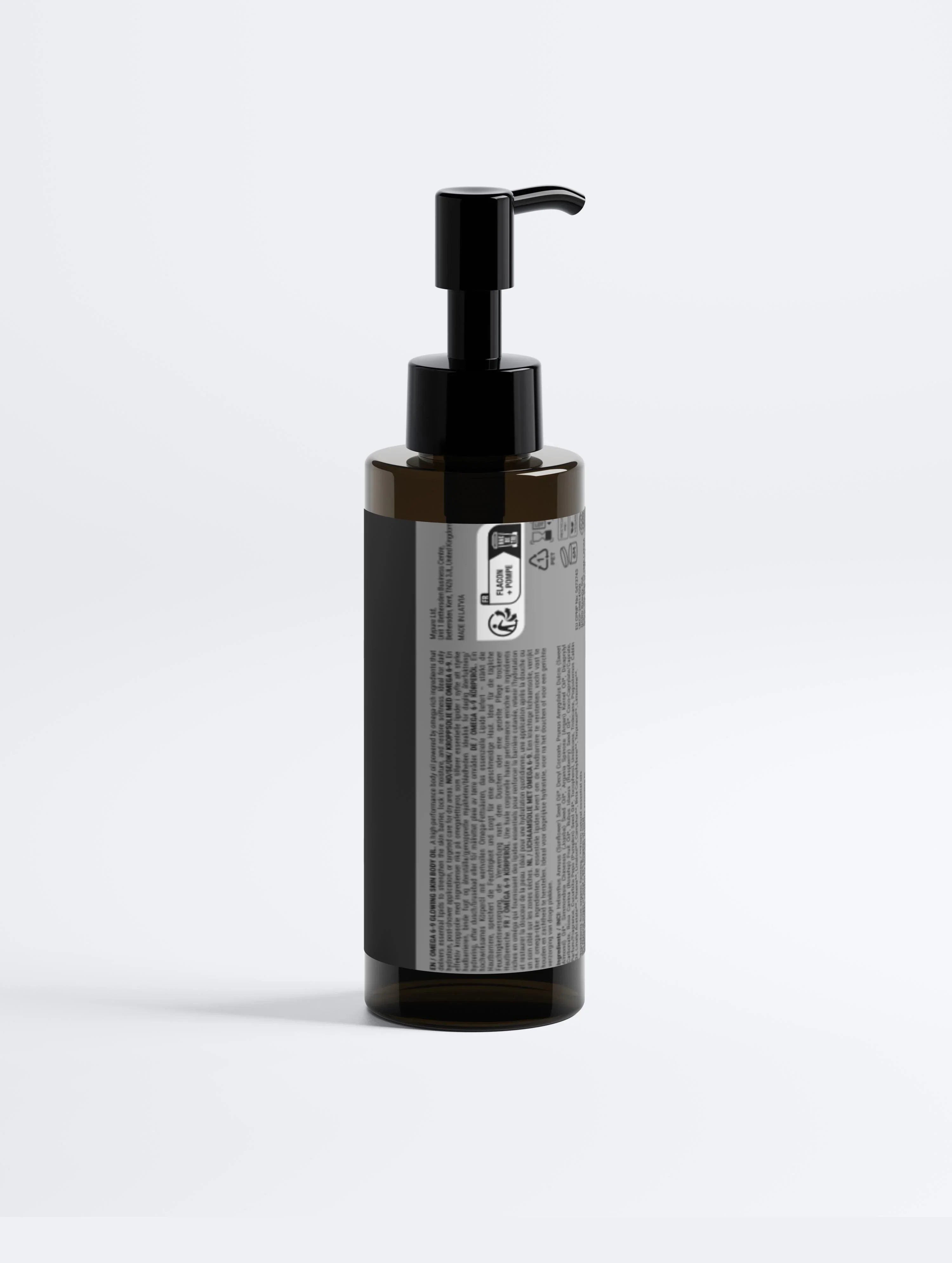 Black pump bottle of Omega 6-9 glowing skin body oil with multilingual label, ideal for moisturizing and softening skin.