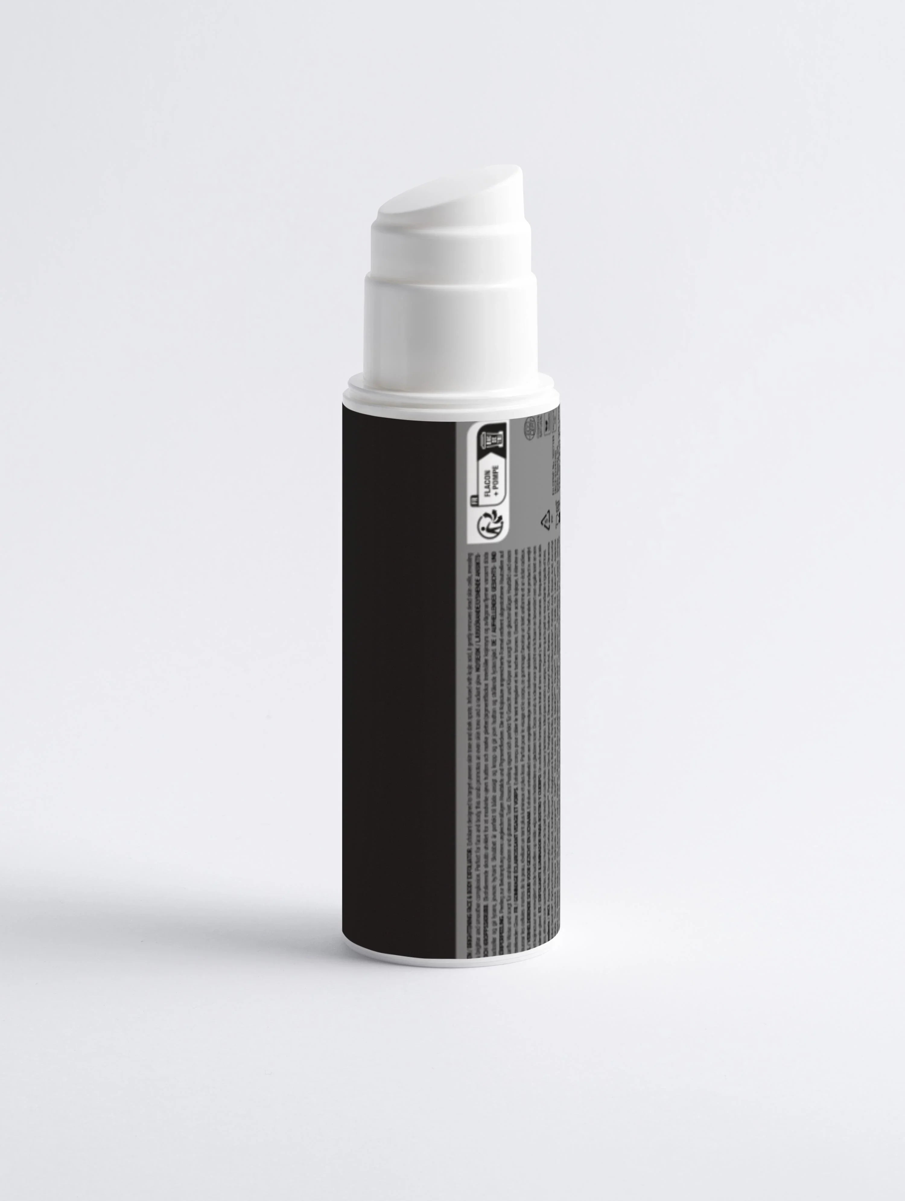 Black and white skincare bottle with pump dispenser, clean minimalist design for face and body care