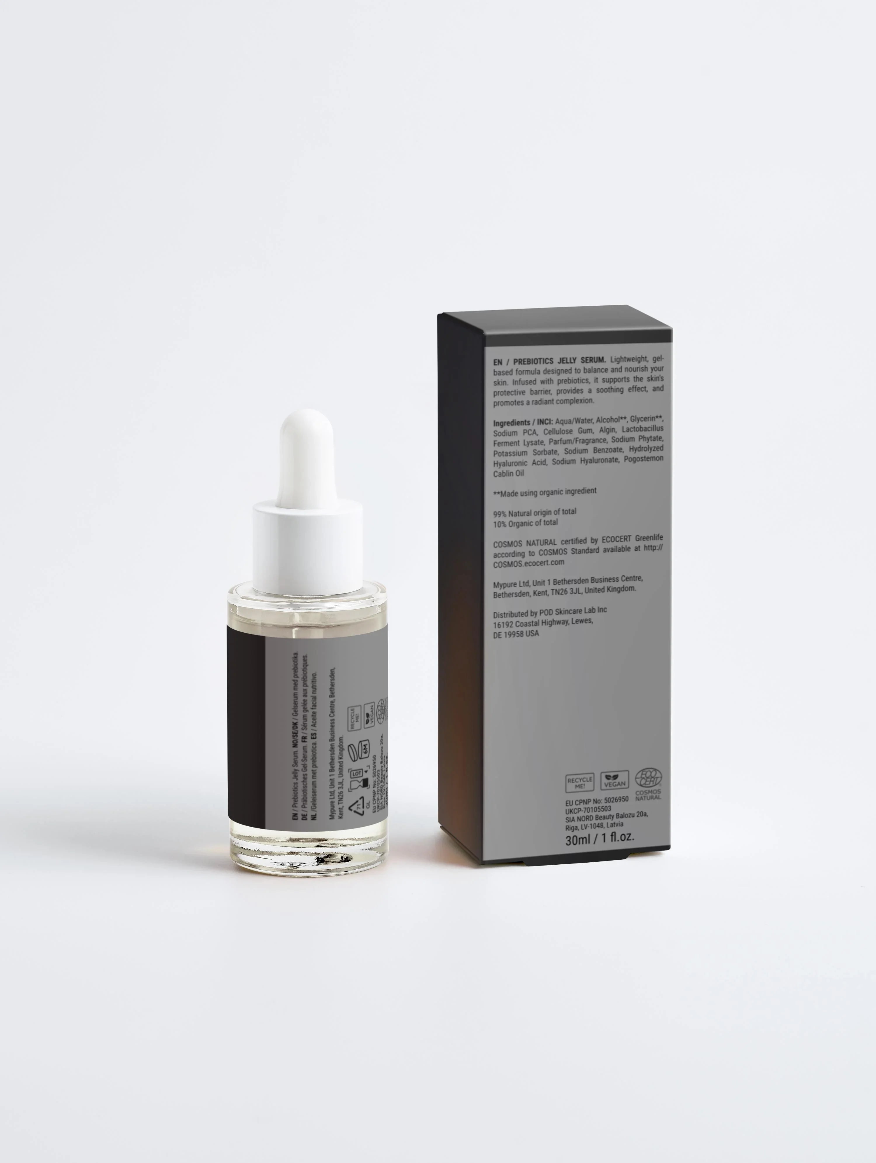 Prebiotics Jelly Serum bottle and box, lightweight gel formula for skin balance, vegan, COSMOS Natural certified