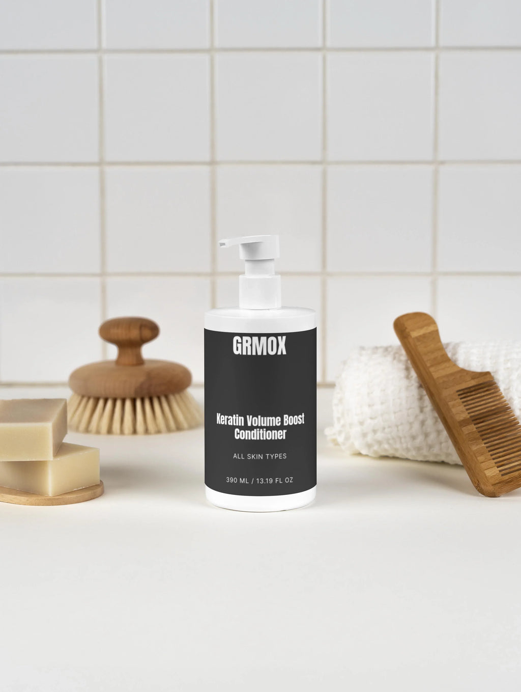 Keratin Volume Boost Conditioner for all skin types, 390ml bottle with pump, bathroom setting