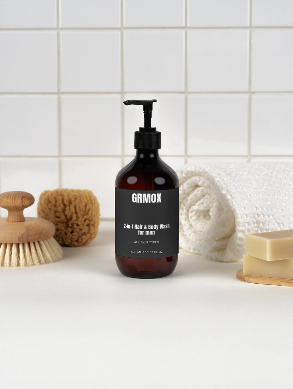 GRMOX 2-in-1 Hair & Body Wash for men, all skin types, 490ml bottle with pump, bathroom setting