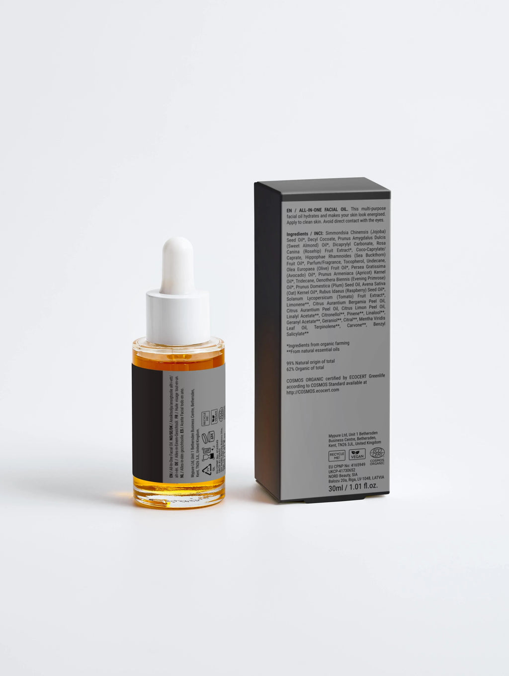 All-in-One Facial Oil with dropper bottle and packaging, organic, vegan, COSMOS certified, 30ml