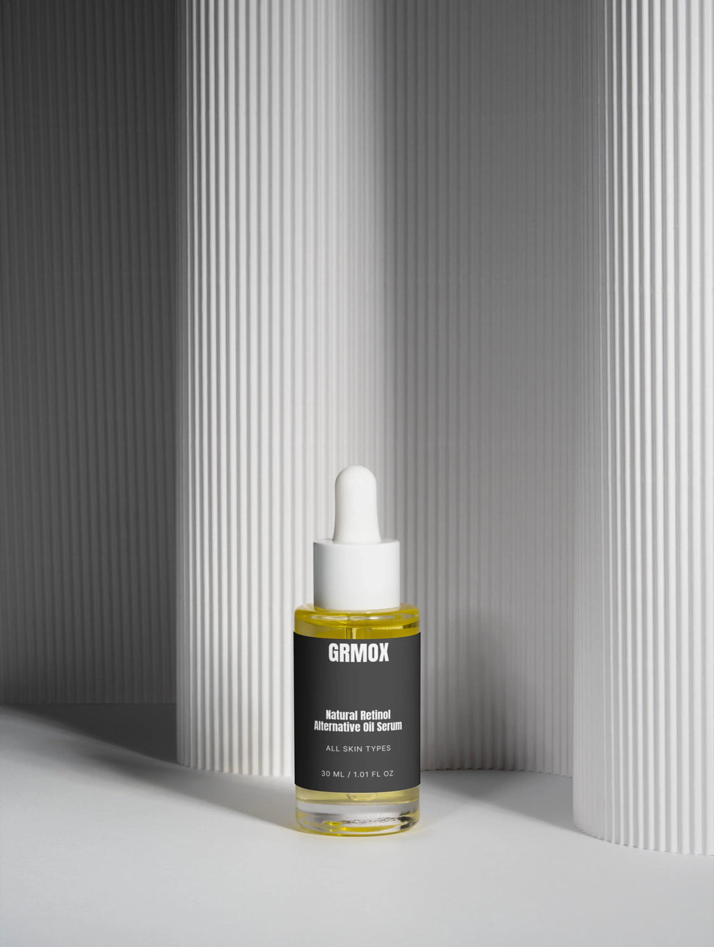 Natural Retinol Alternative Oil Serum for all skin types in sleek bottle with dropper, modern minimalist background