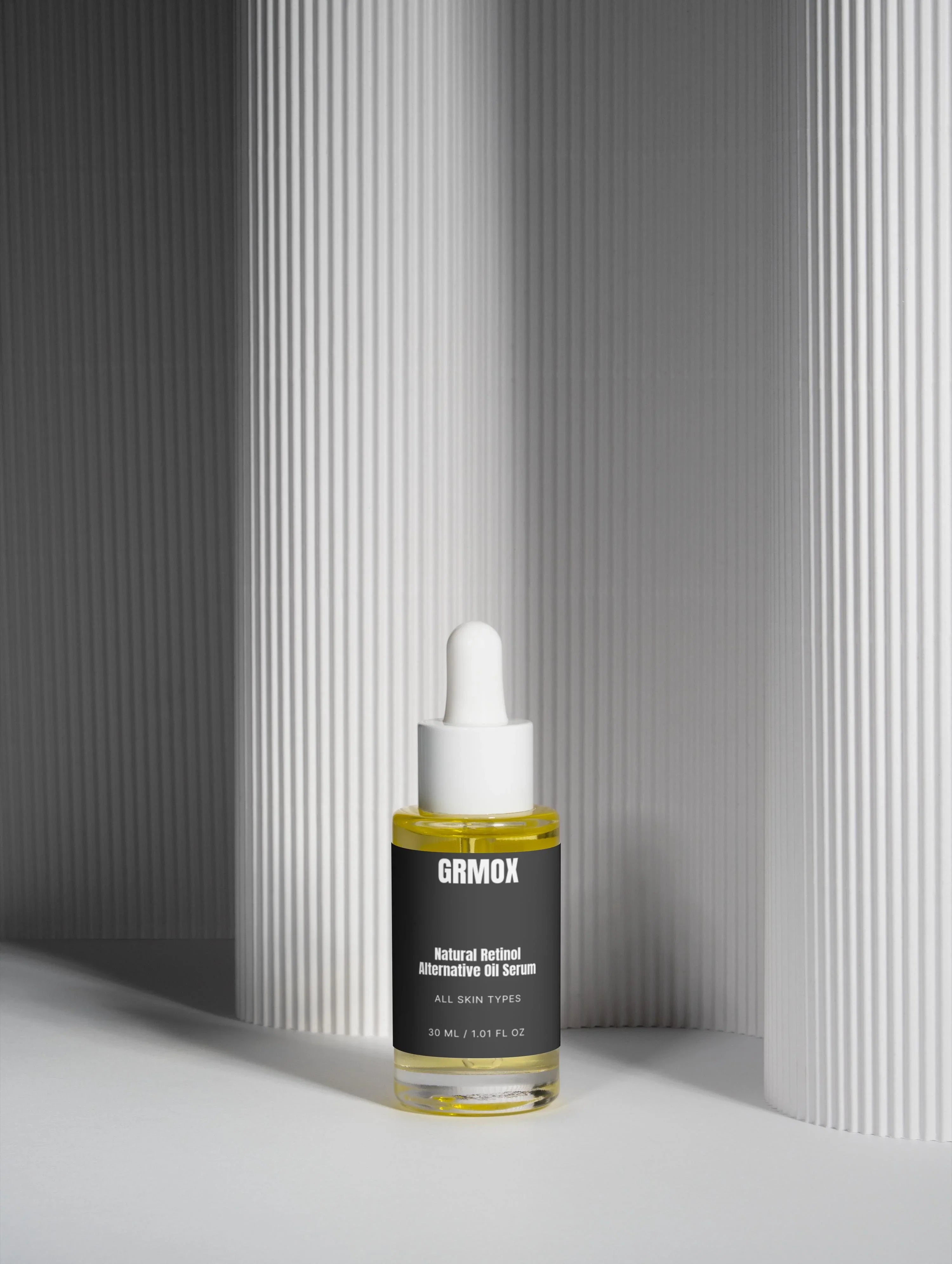 Natural Retinol Alternative Oil Serum for all skin types in sleek bottle with dropper, modern minimalist background