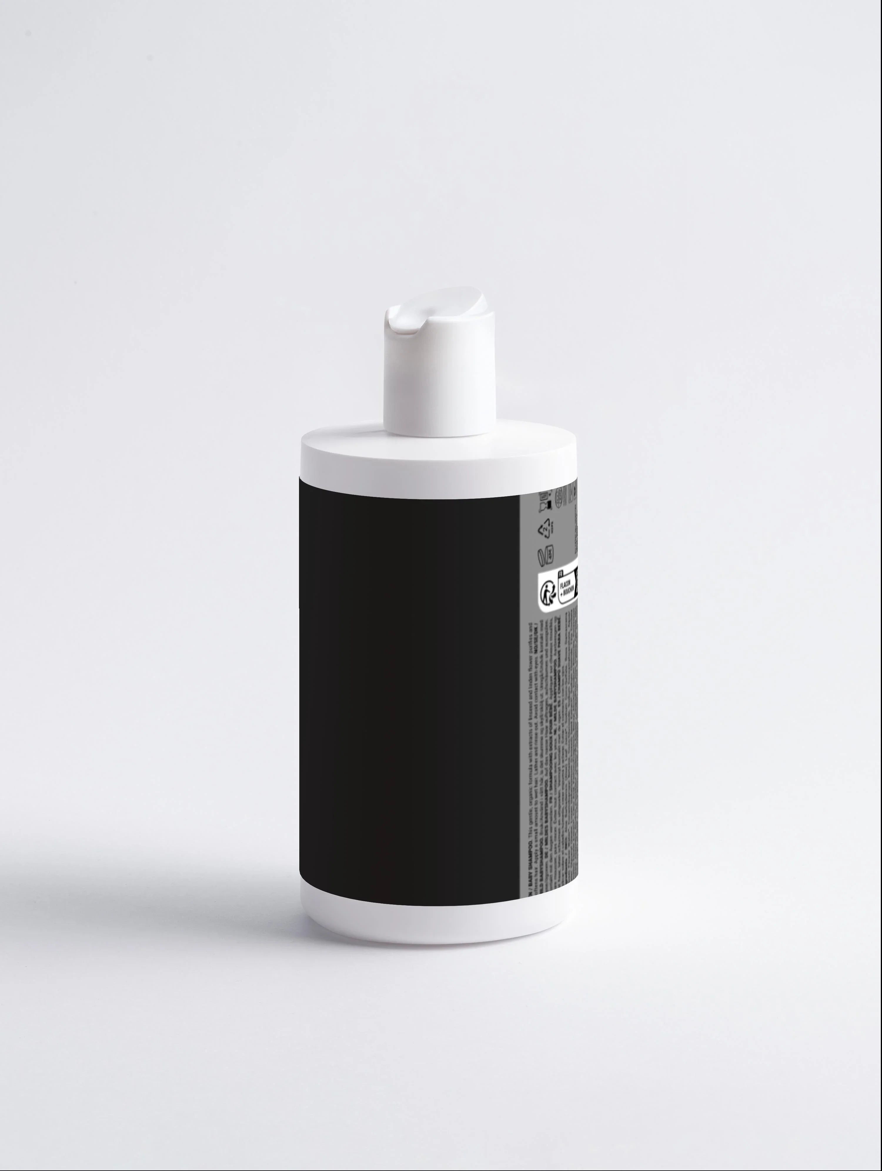White bottle with black label and pump dispenser, minimalist design for baby shampoo or gentle cleanser