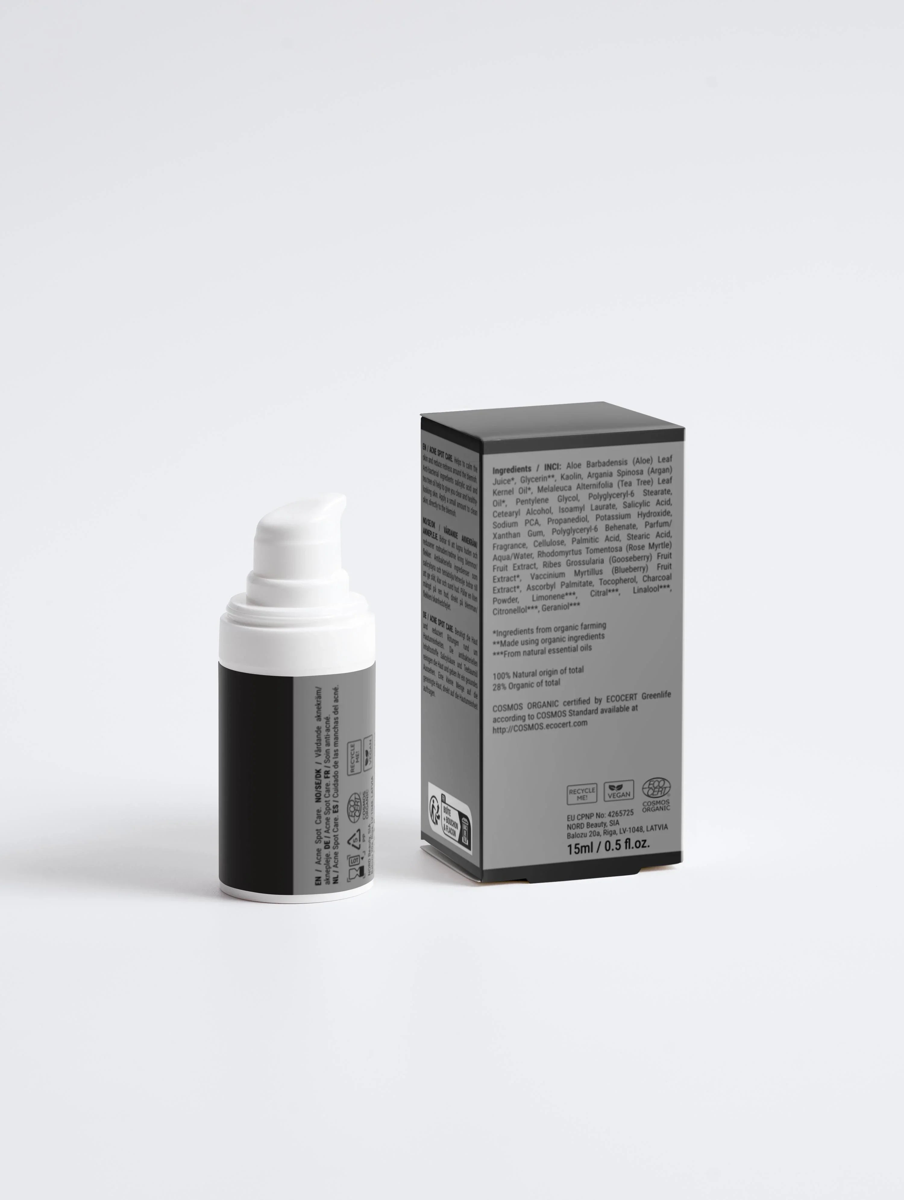 Organic acne spot care cream with natural ingredients, 15ml pump bottle and packaging