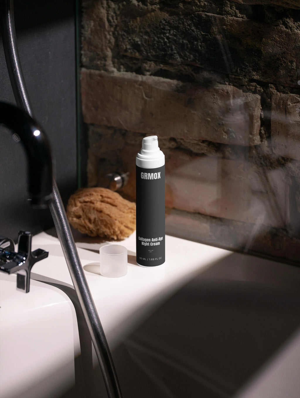GRMOX Collagen Anti-Age Night Cream on bathroom counter with stone wall background