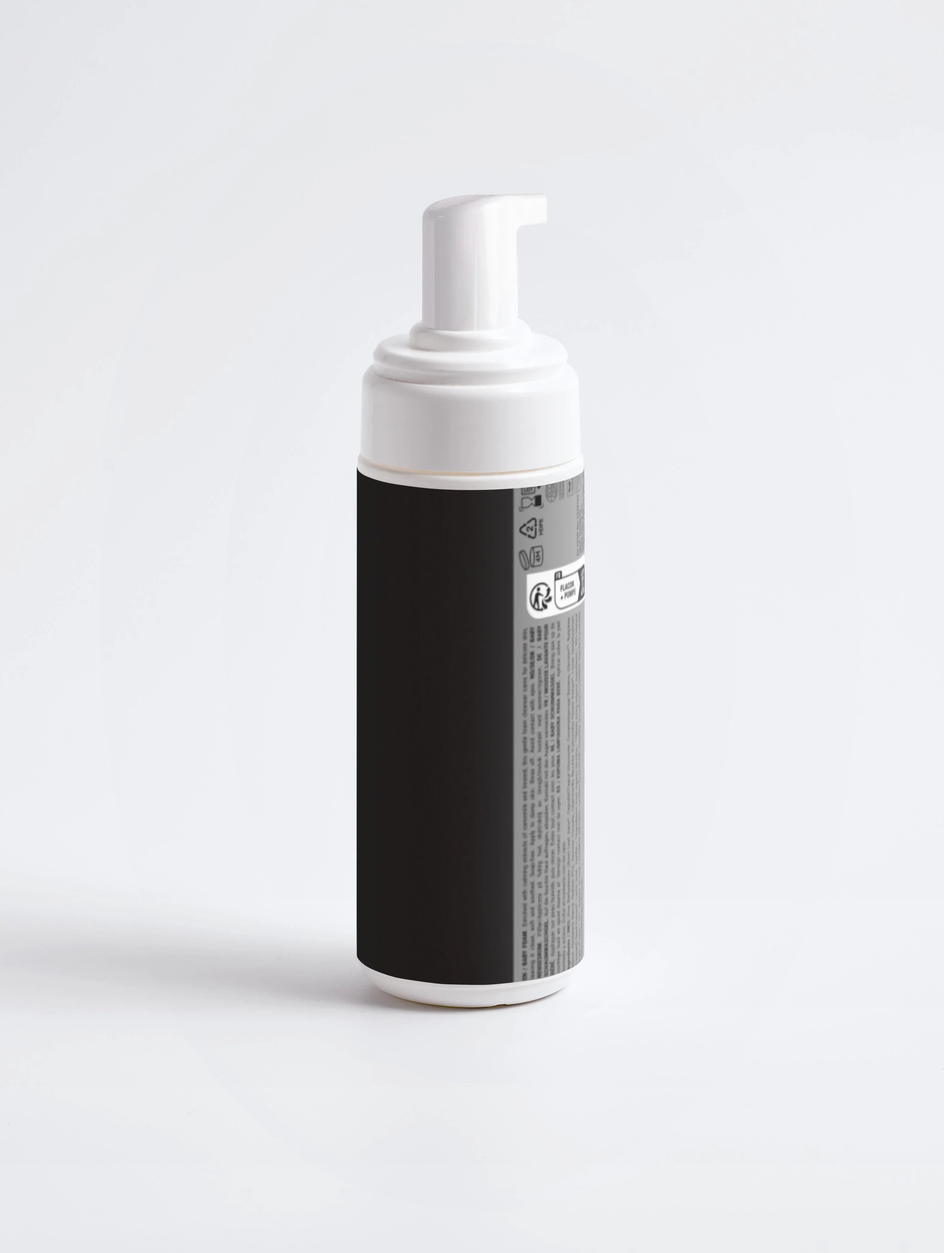Black and white foaming pump bottle for baby skincare, clean minimalist design