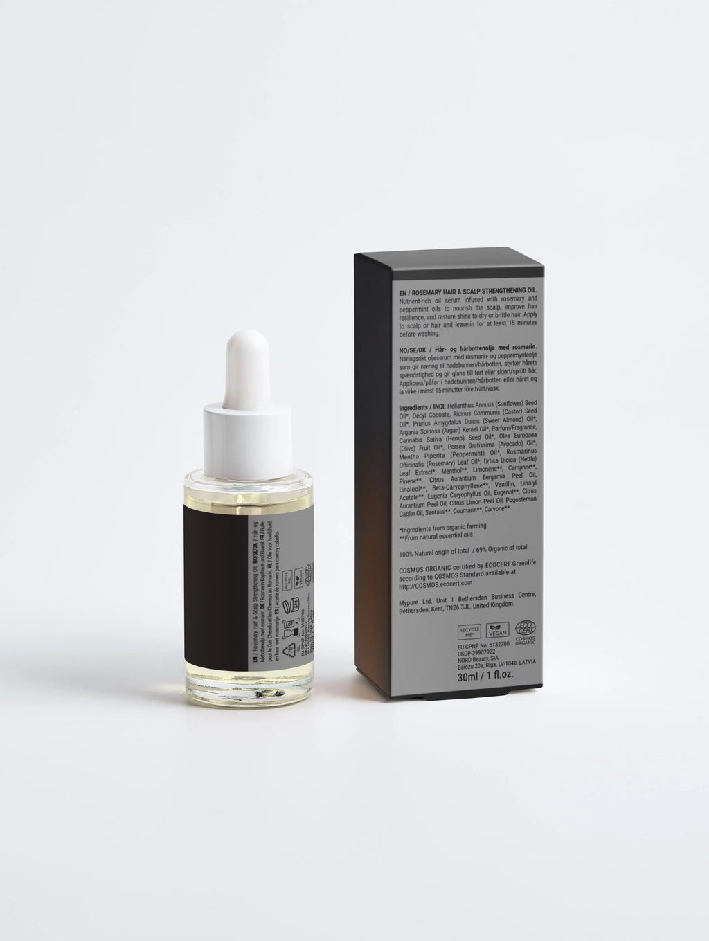 Rosemary hair & scalp strengthening oil serum with dropper, 30ml bottle and packaging, vegan and organic certified