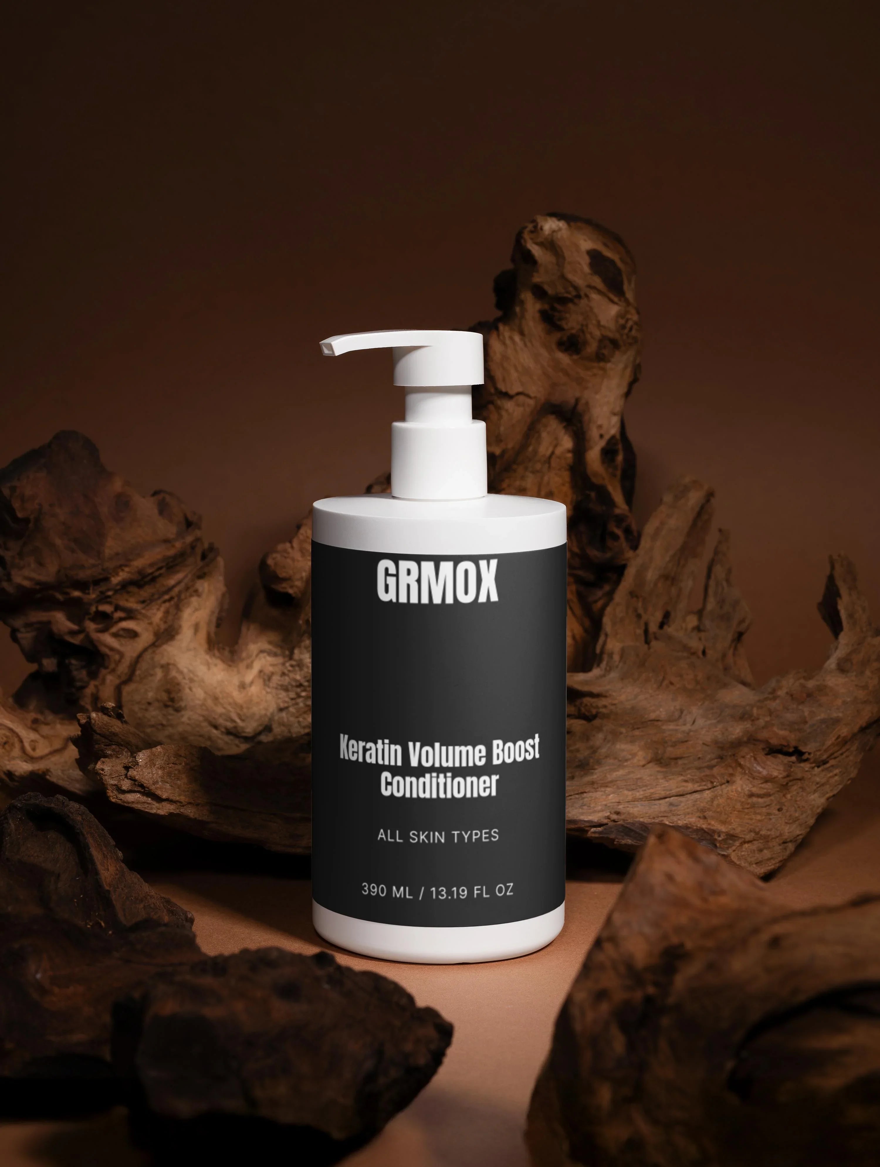 GRMOX Keratin Volume Boost Conditioner for all skin types, 390ml pump bottle with rustic wood background