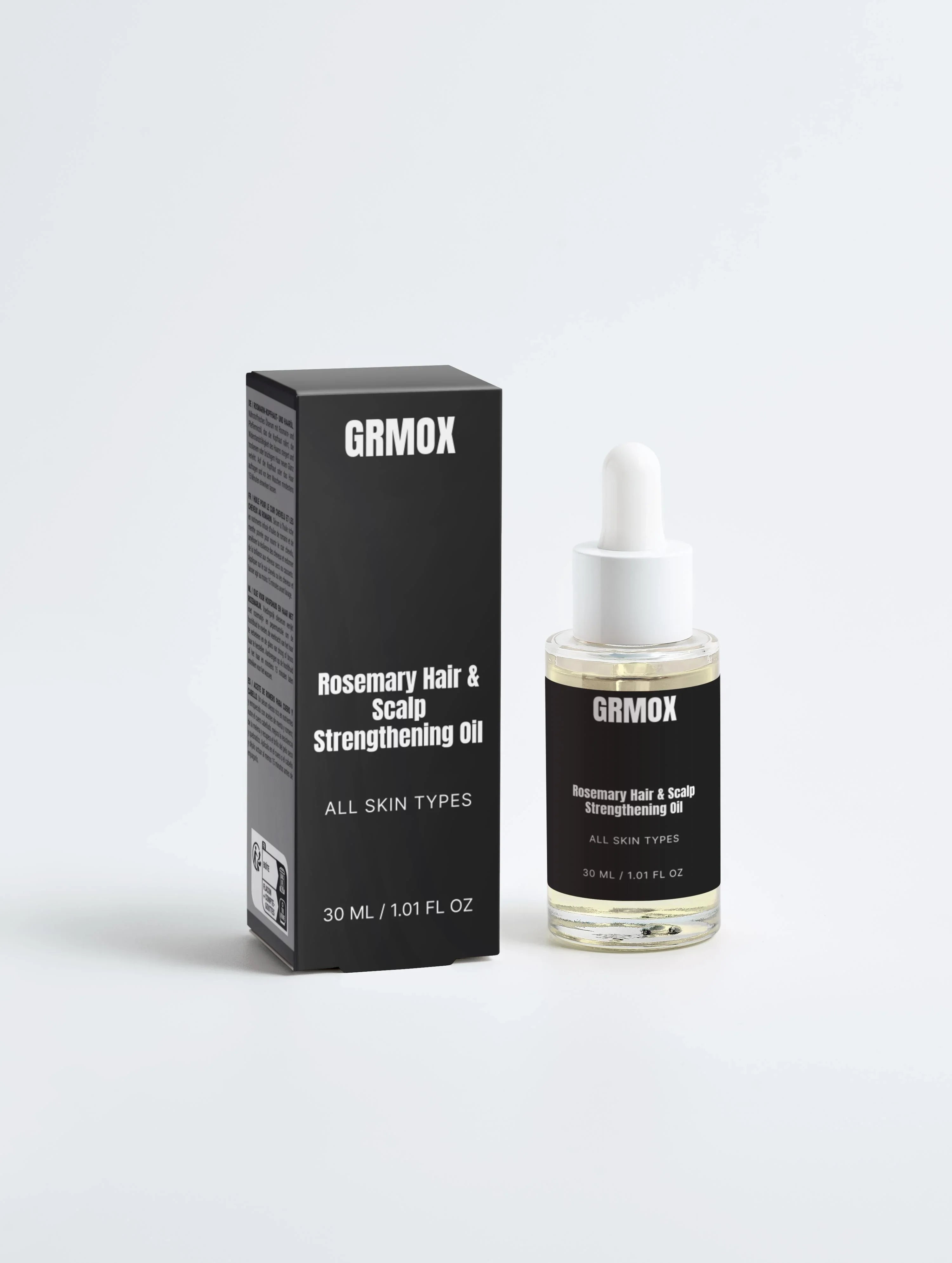 Rosemary Hair & Scalp Strengthening Oil for all skin types, 30ml bottle with dropper and black packaging