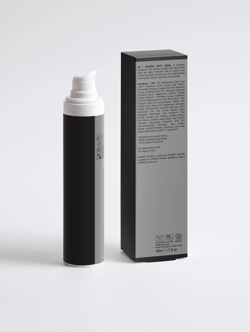 Ceramide Night Cream in black tube with white pump, 50ml, vegan & COSMOS Natural certified for skin rejuvenation