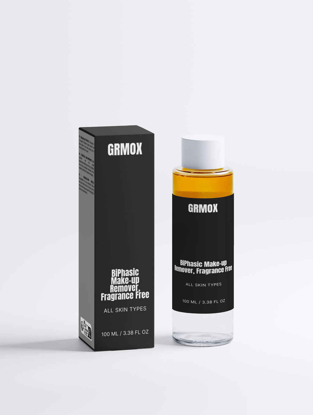 GRMOX BiPhasic Makeup Remover, fragrance-free for all skin types, 100ml bottle with packaging